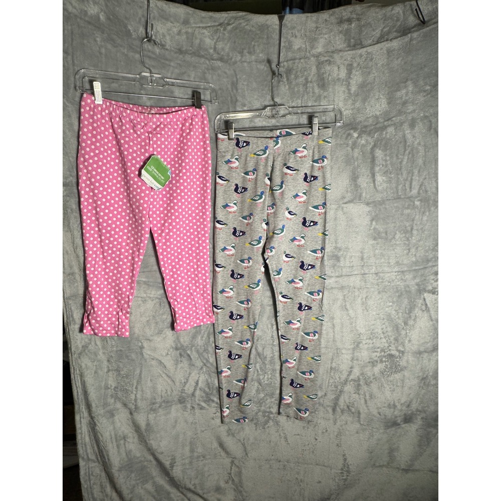 Garnet Hill Mini Boden Girls Leggings Lot 14 Pink Polka Dot Gray Duck Print 2pc